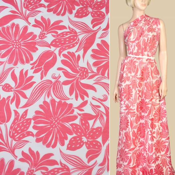 Шовк з бавовною білий в малинові ромашки, ш.140