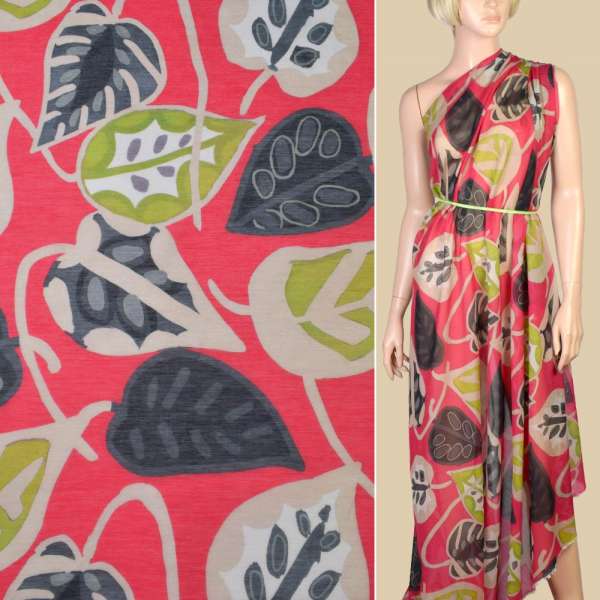 Шелк с хлопком красный в салатные и серые листья ш.139