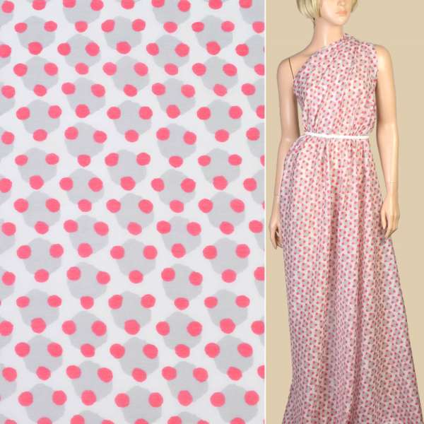 Шелк с хлопком белый в серые монеты и малиновый горох ш.135