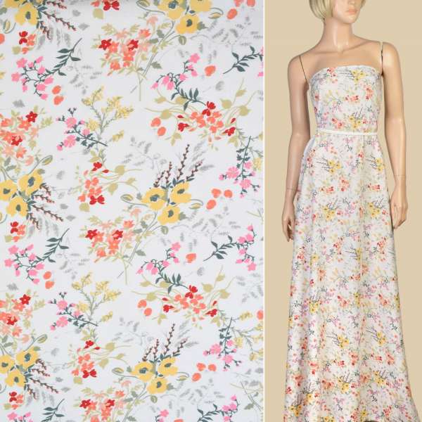 Шовк з віскозою білий в жовто-рожеві квіти ш.142