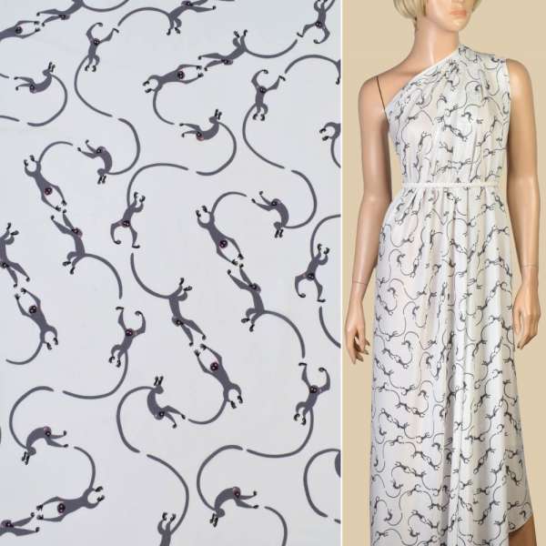 Шелк с полиамидом белый, серые обезьянки, ш.145