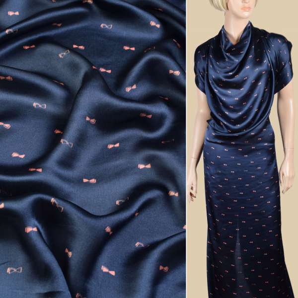 Шовк атласний синій темний в рожеві бантики ш.135