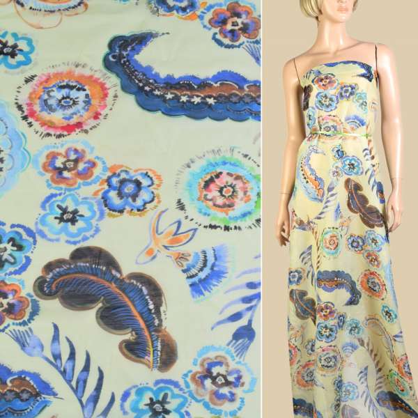 Шелк с хлопком салатовый светлый в акварельные цветы ш.140