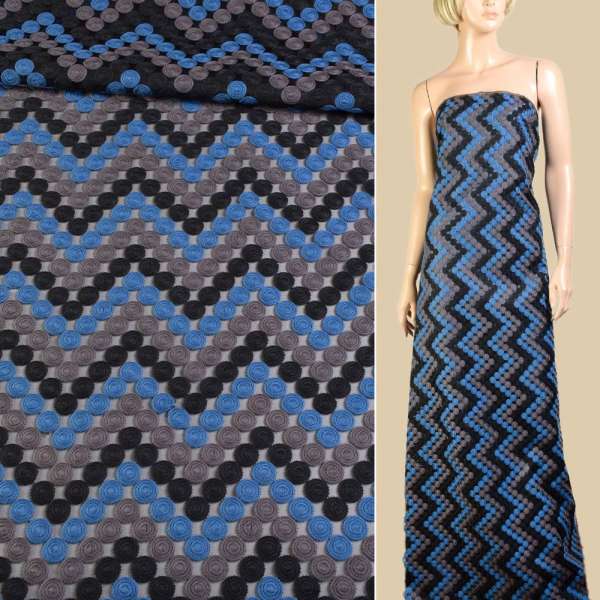 Шелк полиамид черный с вышивкой монеты синие, серые, черные и, ш.150