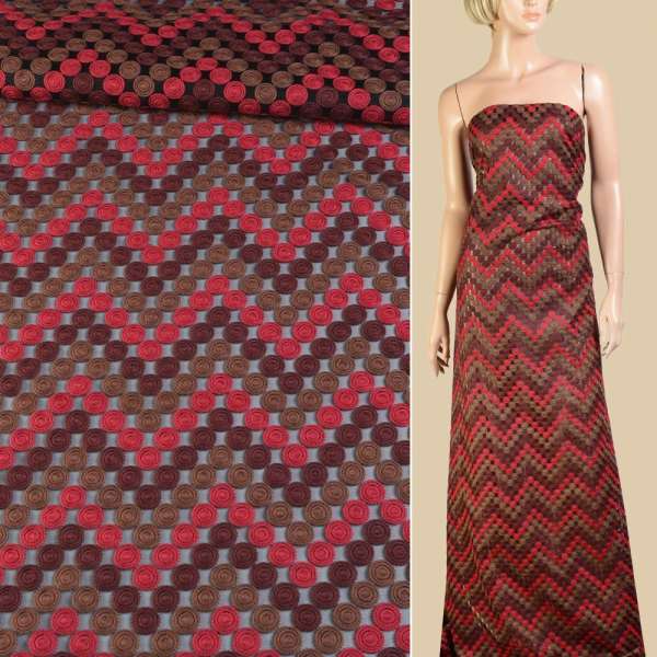 Шелк полиамид черный с вышивкой монеты красные, бежевые, коричневые, ш.150