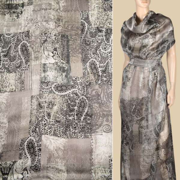 Шовк сірий у клітину з принтом орнамент ш.140