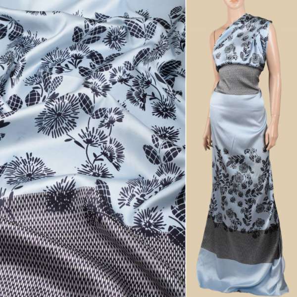 Шелк стрейч голубой в синие одуванчики купон, раппорт 101см, ш.135