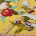 Деко котон орхідеї, пташки, жовтий, ш.150