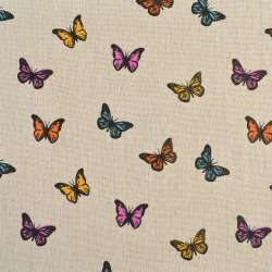 Деко лен бабочки разноцветные, бежевый, ш.150
