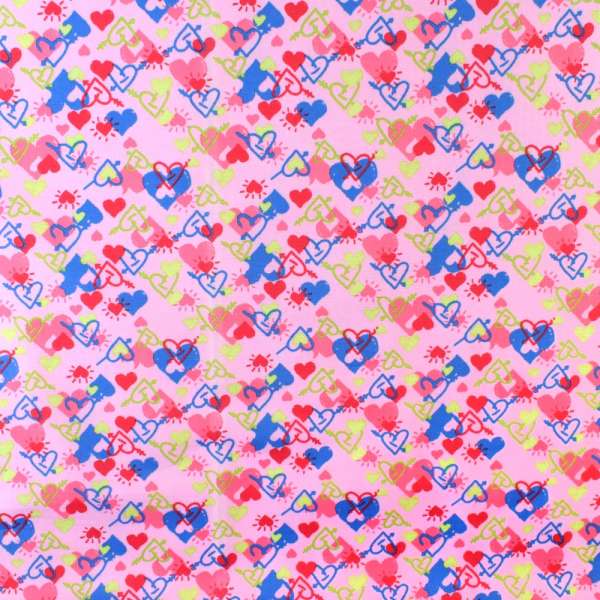 ПВХ ткань рип-стоп 210T розовая в разноцветные сердца ш.150