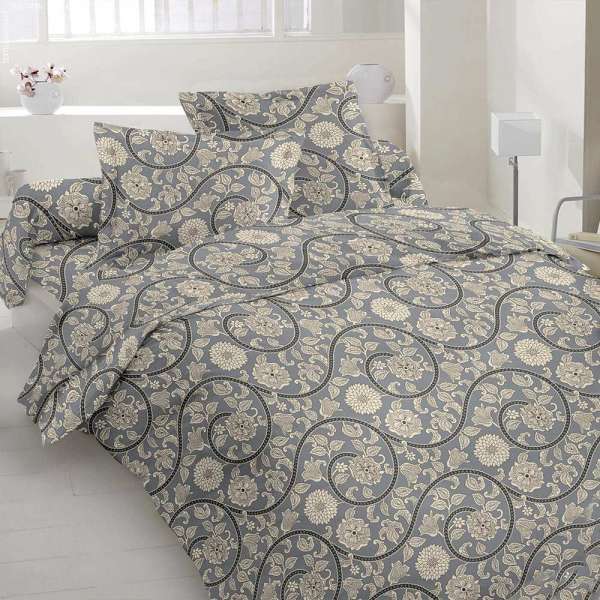 Бязь набивная серая, бежевые завитки, цветы, ш.220