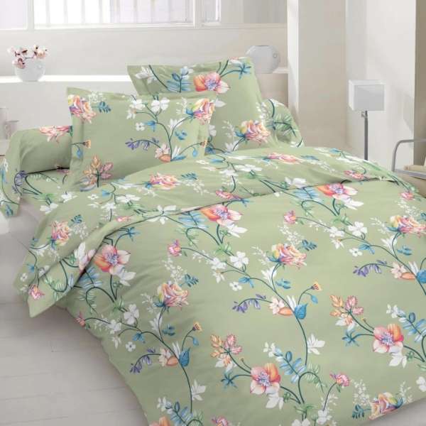 Бязь набивная серо-зеленая, оранжево-розовые цветы, ш.220