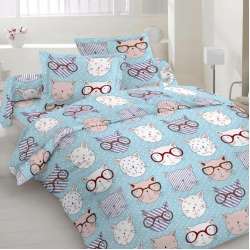 Бязь набивная голубая, коты в очках, ш.220