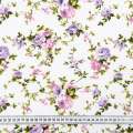 Бязь набивная белая, сиреневые розочки ш.220
