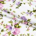 Бязь набивная белая, сиреневые розочки ш.220