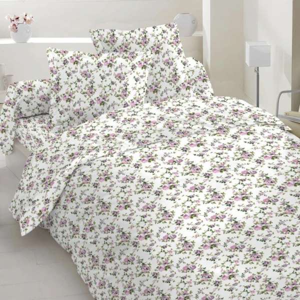 Бязь набивная белая, сиреневые розочки ш.220