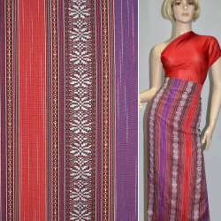 Ткань этно фиолетовые, красные, коричневые полосы с орнаментом ш.150