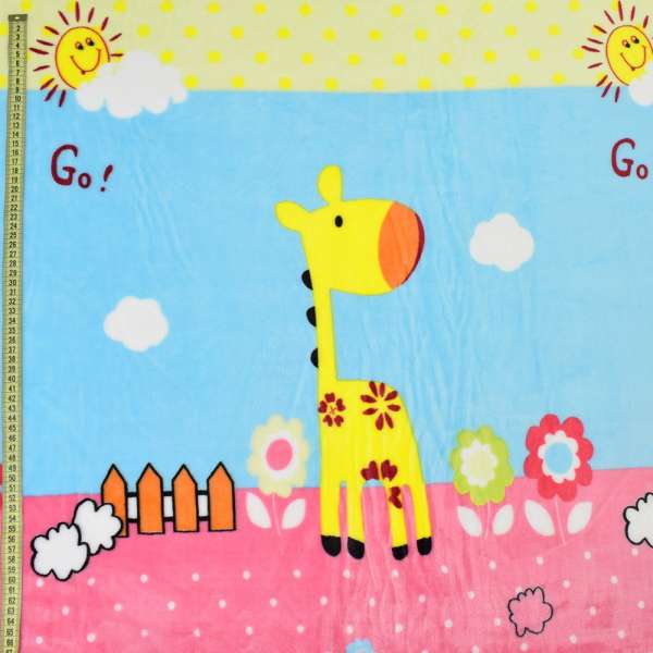 Велсофт двосторонній жирафи, квіти, хмари, рожева облямівка, блакитний, ш.220