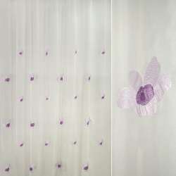 Вуаль тюль шифон жатая вышивка цветы фиолетовые на молочном фоне, ш.280