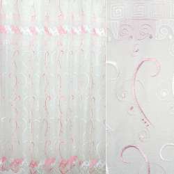 Органза тюль з вишивкою завитки білі і рожеві, облямівка, біла, ш.250