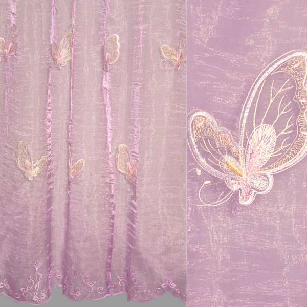Органза тюль з вишивкою метелики, фіолетова