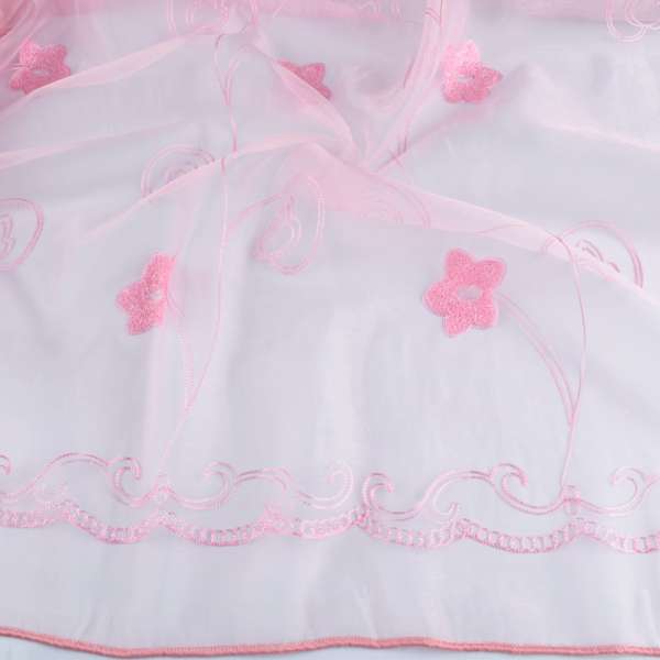 Органза тюль с вышивкой вьюнок с цветком, розовая, ш.275