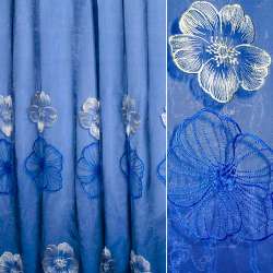 Органза тюль з вишивкою квіти великі сині і бежеві, синя, ш.280