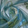 Органза тюль с вышивкой цветы зеленые, кайма, зелено-голубая, ш.275