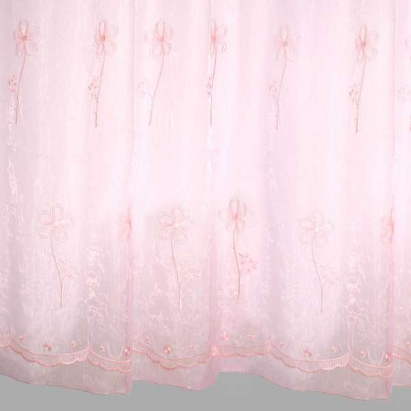 Органза тюль с вышивкой цветами крупными, кайма, розовая, ш.280