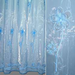 Органза тюль з вишивкою, вирізаними квітами з круглим пелюсткою, блакитна, ш.280