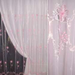 Органза тюль з вишивкою, вирізаними квітами з круглим пелюсткою, рожева, ш.280