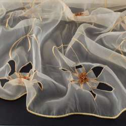 Органза тюль з вишивкою, вирізаними квітами, бежева, ш.275