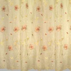 Органза тюль с вышивкой цветы и листья розовые светлые, желтая светлая ш.270