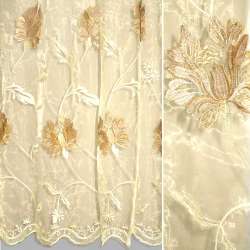 Органза тюль с вышивкой цветы бежево-кремовые, бежевая, ш.280