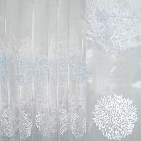 Органза тюль з вишивкою квіткові кулі біло-блакитні, біла, ш.280