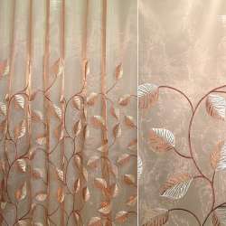 Органза тюль з вишивкою листя коричнево-бежеві, коричнева світла, ш.280