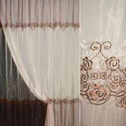 Органза тюль с вышивкой цветочный орнамент бронзовый, переход коричнево-бежевая, ш.275