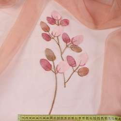 Органза тюль с вышивкой листья розово-малиновые, переход красно-розовая, ш.275