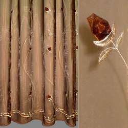 Органза тюль вышивка с нашитыми розами коричневыми, коричневая, ш.270