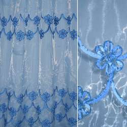 Органза тюль з нашитою тасьмою з тафти квіти волани темно-блакитні, блакитна, ш.275