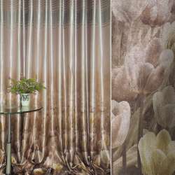 Атлас блэкаут для штор купон с тюльпанами и полосами розово-коричневый, ш.270