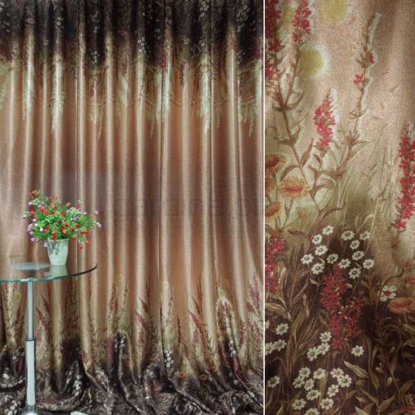 Атлас блэкаут для штор купон с цветами полевыми терракотово-коричневый, ш.270
