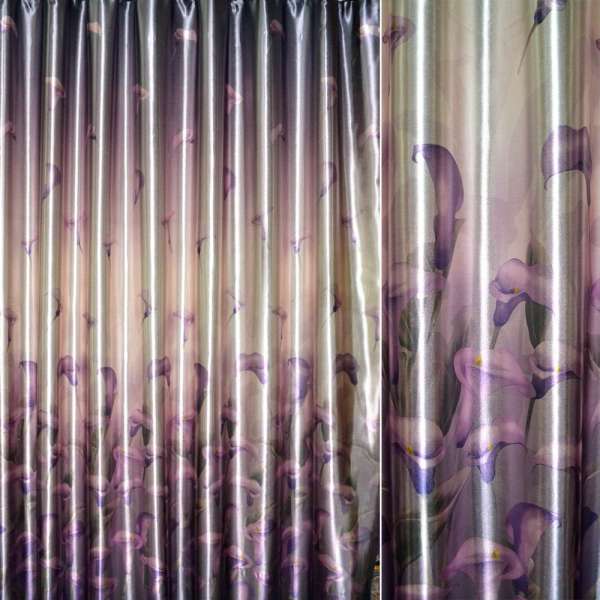Атлас блэкаут для штор купон с калами фиолетовыми на коричневом светлом фоне, ш.275
