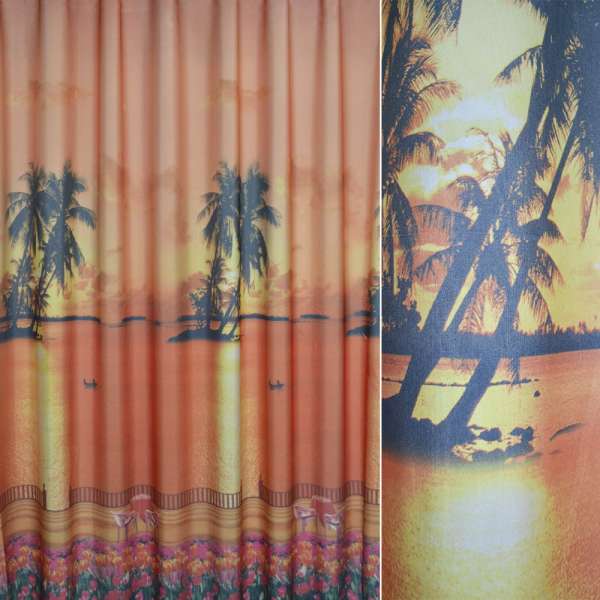 Атлас принт для декорацій пальми, захід, тюльпани теракотовий, ш.275