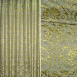 Фукра с метанитью для штор орнамент пальметта золотистый на зеленом фоне, ш.280