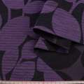 Жакард лляний для штор листя великі фіолетові на чорному тлі, ш.144