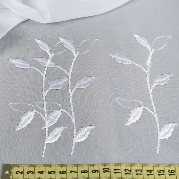 Вуаль тюль вышивка веточка с листьями, белая, ш.280
