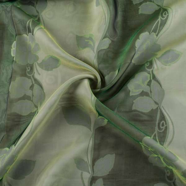 Органза фукра тюль подвійна смуги з квітами зелена, ш.150