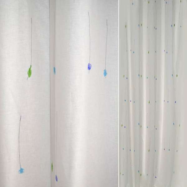 Хлопок для штор веточки высокие зеленые, синие, голубые на белом фоне, ш.135