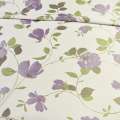 Атлас жакард для штор гілочки з квітами фіолетовими на білому тлі, ш.150